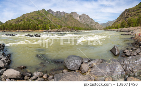 Yelandinsky rapid on the Katun river in Altai Russia. Powerful mountain stream crashing over rocks in famous rafting destination. Yelandinsky rapid on the Katun river in Altai Russia. Powerful mountain stream crashing over rocks in famous rafting destination. 138071450