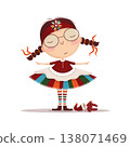 adorable cartoon girl in a whimsical folk inspired outfit with colorful patterned skirt, braids, glasses and closed eyes. soft textured illustration with a cozy handmade feel, perfect for childrens 138071469