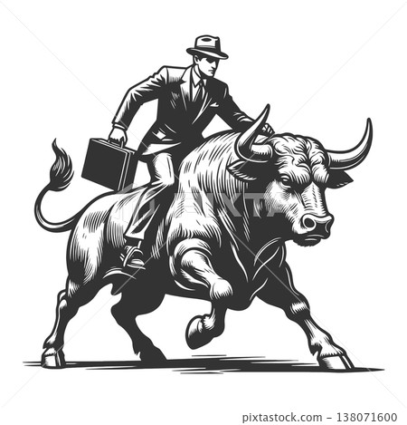 Businessman Riding Bull engraving sketch raster 138071600