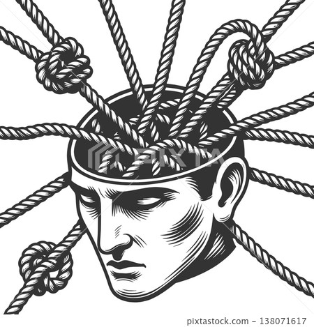 Human Head Entangled in Ropes Mental Constraint 138071617