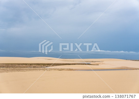 Dunes and lagoons of Atins, Lencois Maranhenses, Barreirinhas, Brazil. White sand dunes with pools of fresh water 138071767