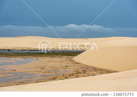 Dunes and lagoons of Atins, Lencois Maranhenses, Barreirinhas, Brazil. White sand dunes with pools of fresh water 138071773