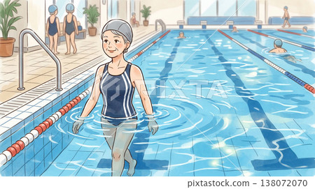 一位老年婦女正在游泳課上進行水中行走。 （人工智慧生成圖像） 138072070