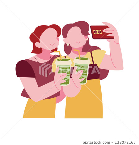 Women taking photos with matcha drinks in hand; cafe hopping; matcha sweets 138072165