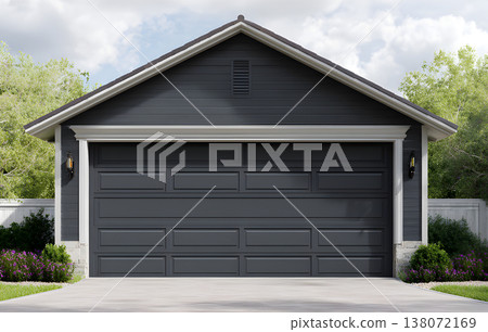 Garage Door. Modern house with white garage door that is closed. Wide garage door of residential house with concrete driveway in front.  138072169