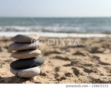 Serene Seaside Scene Featuring Orderly Pebbles And Warm Tones For Meditation 138072172