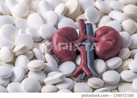Human kidneys anatomical model with ureters on heap of many various pills and tablets. Urology health concept Human kidneys anatomical model with ureters on heap of many various pills and tablets. Urology health concept 138072188