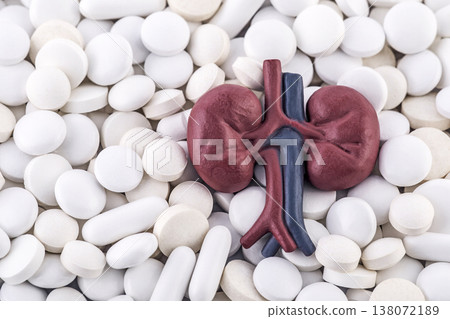 Human kidneys anatomical model with ureters on heap of many various pills and tablets. Urology health concept 138072189