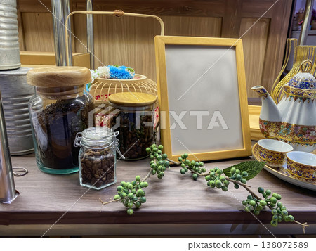 Coffee Beans and Tea Set Display 138072589