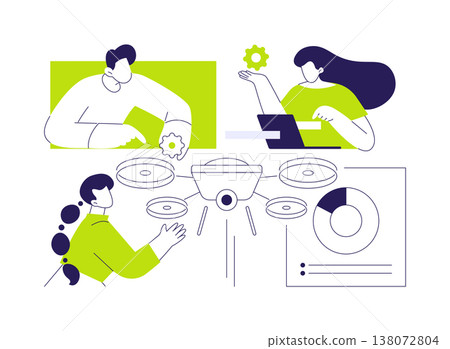 Flying robot drones isolated cartoon vector illustrations. 138072804