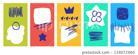 Planner pages set portrait format 9x16 with stickers, scribbles, blots and brush strokes. Notebook collage collection. 138072860