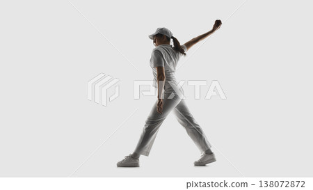 Female cricket player stepping into bowling motion isolated on white 138072872