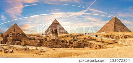 Great Sphinx and the Pyramids of Giza, beautiful sunset panorama of Cairo region, Egypt 138072894