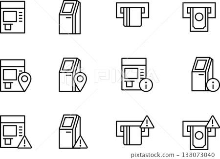 Editable line art icons of bank ATMs, credit cards, cash cards, and cash. Editable line art icons of bank ATMs, credit cards, cash cards, and cash. 138073040