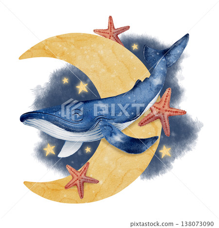 Whale moon watercolor illustration 138073090