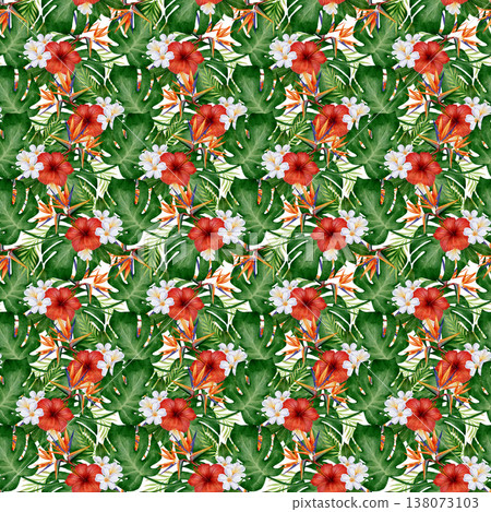 Tropical hibiscus strelitzia watercolor seamless pattern Tropical hibiscus strelitzia watercolor seamless pattern 138073103