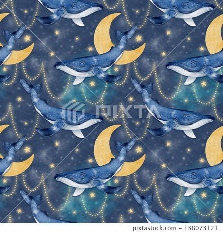Whale moon watercolor seamless pattern 138073121
