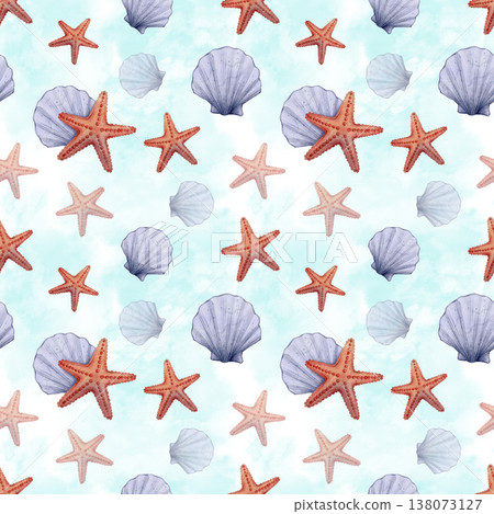 Seashell starfish watercolor seamless pattern 138073127