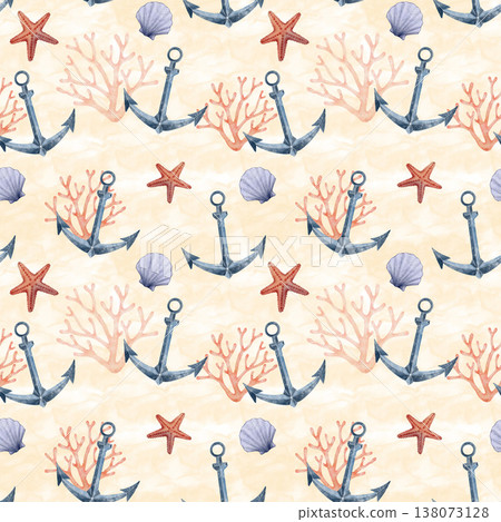 Anchor coral starfish watercolor seamless pattern 138073128