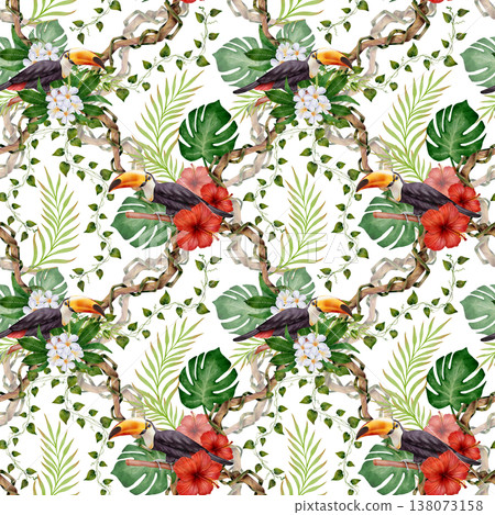 Tropical Toucan and Hibiscus Seamless Pattern Tropical Toucan and Hibiscus Seamless Pattern 138073158