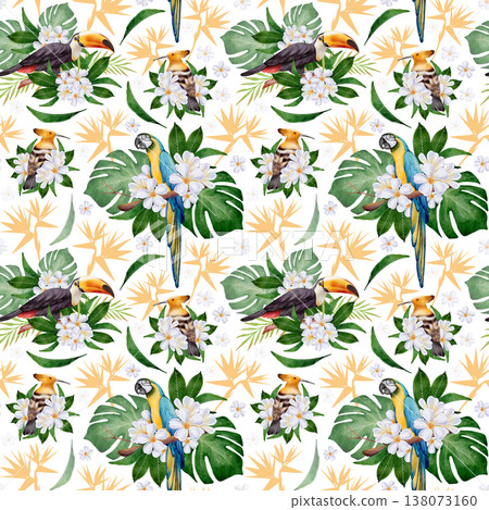 Tropical Birds and White Plumeria Pattern Tropical Birds and White Plumeria Pattern 138073160