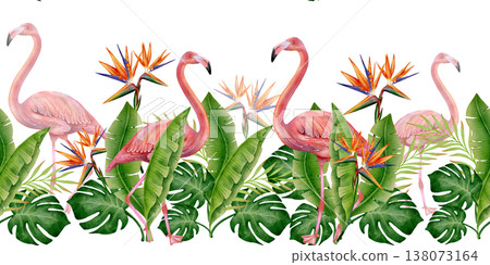 Tropical Flamingo Floral Seamless Border Tropical Flamingo Floral Seamless Border 138073164