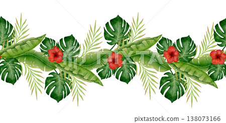 Tropical Hibiscus Monstera Seamless Border Tropical Hibiscus Monstera Seamless Border 138073166