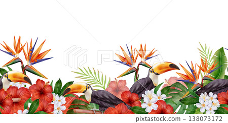 Tropical Bird Floral Seamless Border 138073172