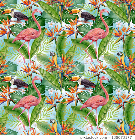 Tropical Flamingo Jungle Seamless Pattern 138073177