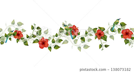 Red Hibiscus Seamless Floral Border 138073182