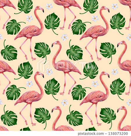 Flamingo and monstera seamless pattern Flamingo and monstera seamless pattern 138073200