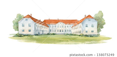 Watercolor Farmhouse Estate Clipart Rustic Country Manor Building Countryside Landscape Illustration 138073249