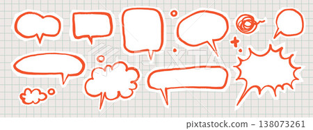 Red Scribble Speech Bubble Doodle Pack. Playful hand drawn elements in childish crayon or marker style. Kids Comic text boxes, sticker elements with rough cutout edges for scrapbook, journaling Red Scribble Speech Bubble Doodle Pack. Playful hand drawn elements in childish crayon or marker style. Kids Comic text boxes, sticker elements with rough cutout edges for scrapbook, journaling 138073261