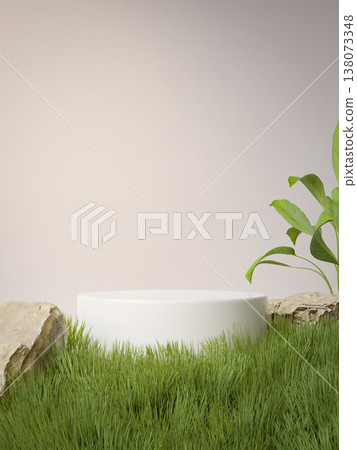 Podium surrounded by vibrant greenery and natural elements. 3D render illustration Podium surrounded by vibrant greenery and natural elements. 3D render illustration 138073348