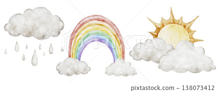 Watercolor icon Sun, rainy cloud and rainbow. Transparent background weather clipart. Set of meteorology and climate elements for kids lessons, preschool posters, worksheets, and playful seasonal Watercolor icon Sun, rainy cloud and rainbow. Transparent background weather clipart. Set of meteorology and climate elements for kids lessons, preschool posters, worksheets, and playful seasonal 138073412
