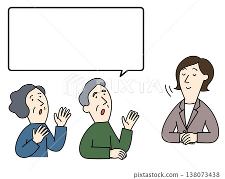 An illustration of an elderly man and woman asking questions and a woman in a suit. An illustration of an elderly man and woman asking questions and a woman in a suit. 138073438