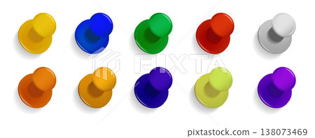 Office vector push pins set made of shiny colorful plastic. Office vector push pins set made of shiny colorful plastic. 138073469