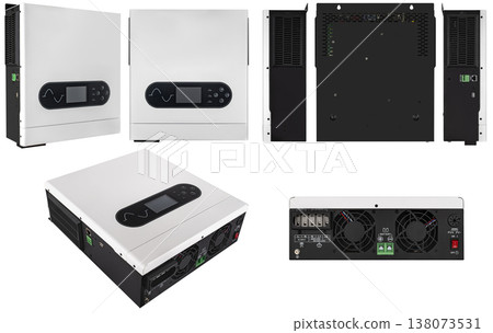 Versatile inverter for apartments, batteries, and solar panels, on a white background with a border 138073531