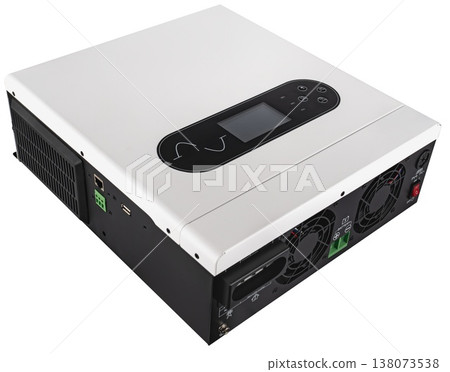 Inverter for alternative energy, solar panels, and batteries, on a white background with a border Inverter for alternative energy, solar panels, and batteries, on a white background with a border 138073538