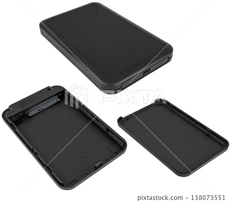 Hard drive enclosure with USB 3.0 support for fast data transfer, on a white background in isolation 138073551