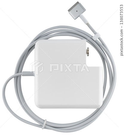 White laptop power adapter with cable and mains plug, on a white background in isolation White laptop power adapter with cable and mains plug, on a white background in isolation 138073553