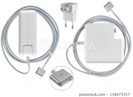 White laptop power supply unit for stable operation, on a white background in isolation 138073557