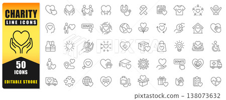 Charity And Donation Line Icon Set Featuring Editable Stroke Vector Symbols Of Giving, Support, Volunteering, And Community Care. Ideal For Apps, Web Design, Fundraising Campaigns, And Nonprofit Proje Charity And Donation Line Icon Set Featuring Editable Stroke Vector Symbols Of Giving, Support, Volunteering, And Community Care. Ideal For Apps, Web Design, Fundraising Campaigns, And Nonprofit Proje 138073632
