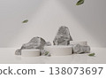 Podium with surreal rock formations and leaves. 3D render illustration 138073697