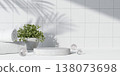 Podium arrangement with towels and plants in a modern bath. 3D render illustration 138073698