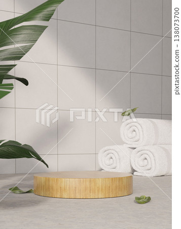 Podium for minimalistic luxury decor with lush greenery. 3D render illustration Podium for minimalistic luxury decor with lush greenery. 3D render illustration 138073700