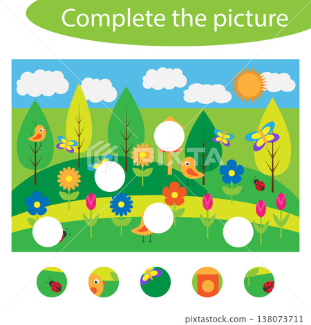 Complete the puzzle and find the missing parts of the picture, spring fun education game for children, preschool worksheet activity for kids, task for the development of logical thinking, vector Complete the puzzle and find the missing parts of the picture, spring fun education game for children, preschool worksheet activity for kids, task for the development of logical thinking, vector 138073711