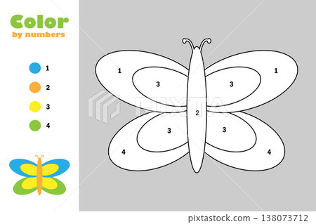 Butterfly in cartoon style, color by number, education paper game for the development of children, coloring page, kids preschool activity, printable worksheet, vector illustration Butterfly in cartoon style, color by number, education paper game for the development of children, coloring page, kids preschool activity, printable worksheet, vector illustration 138073712