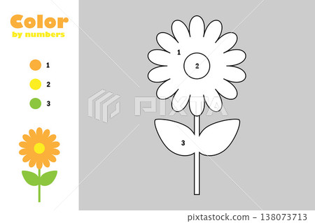 Flower in cartoon style, color by number, education paper game for the development of children, coloring page, kids preschool activity, printable worksheet, vector illustration Flower in cartoon style, color by number, education paper game for the development of children, coloring page, kids preschool activity, printable worksheet, vector illustration 138073713