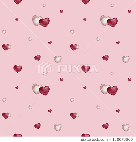 Watercolor bright and light Pink Hearts Seamless Pattern on isolated background. Love symbol hand drawn. Repeat ornament for Valentine's Day festive decor. Design for kids goods, children's room. Watercolor bright and light Pink Hearts Seamless Pattern on isolated background. Love symbol hand drawn. Repeat ornament for Valentine's Day festive decor. Design for kids goods, children's room. 138073800